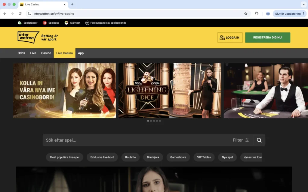 Skärmavbild på Live Casino hos Interwetten