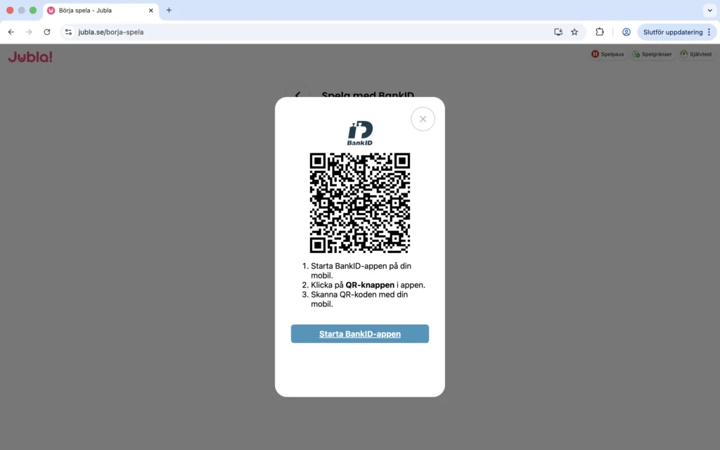 Skärmavbild av "börja spela" på Jubla Casino