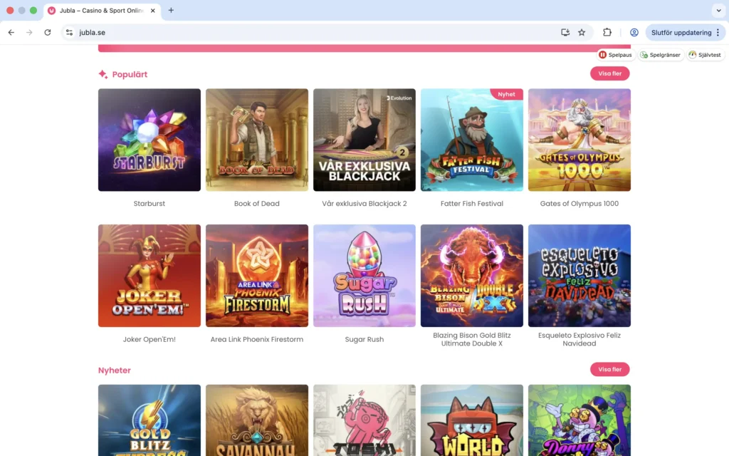 Skärmavbild på "populära slots" hos Jubla