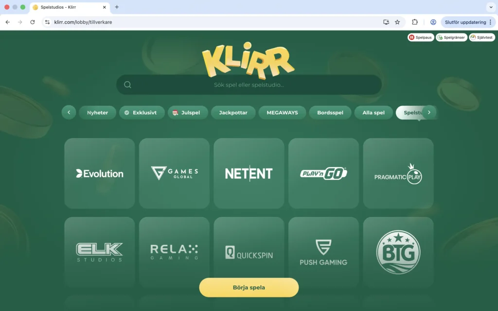 Skärmdump på speltillverkare hos Klirr