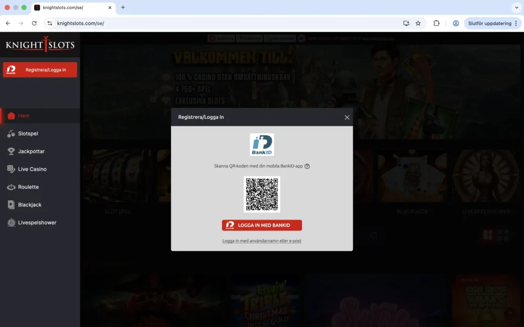 Skärmavbild på "registrera / logga in" på Knightslots