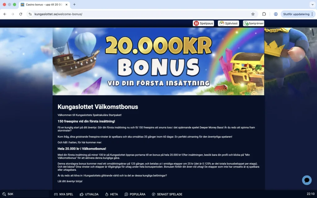 Skärmavbild av välkomstbonusen hos Kungaslottet
