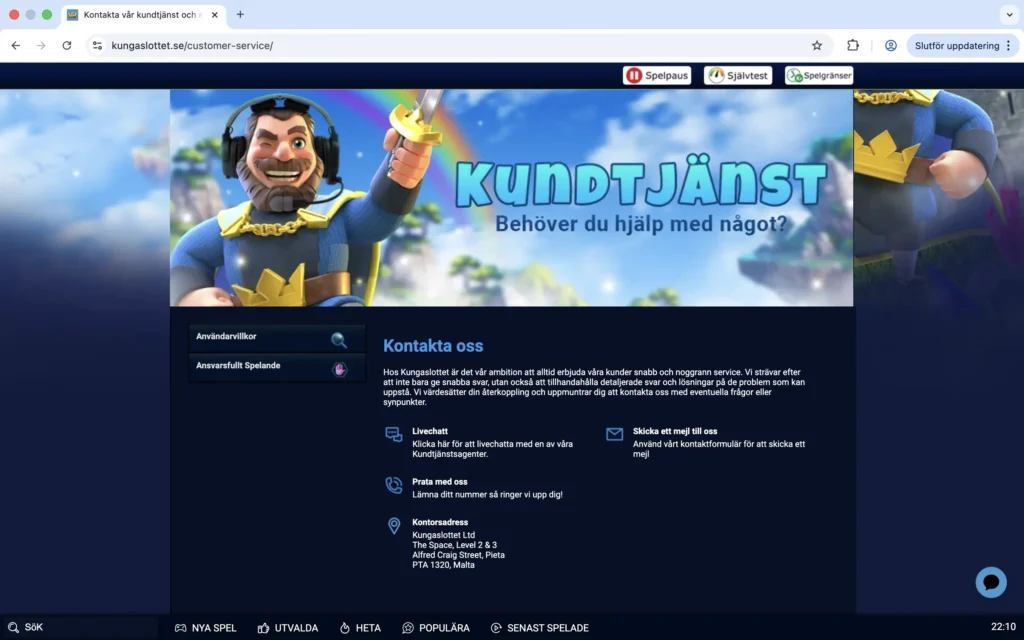 Skärmdump på kundtjänst hos Kungaslottet
