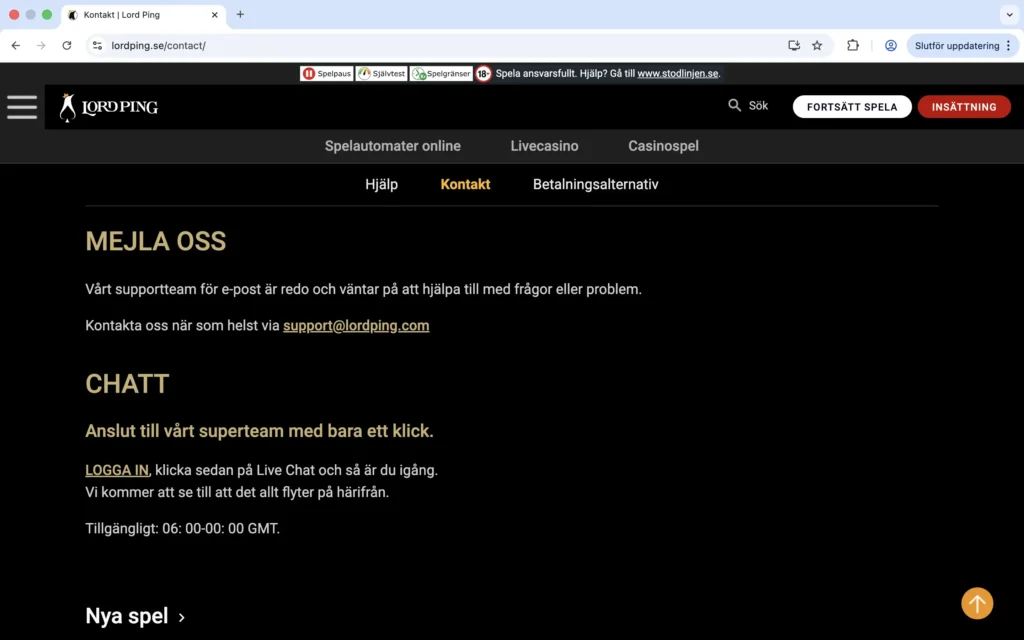 Skärmavbild av kundtjänsten hos LordPing
