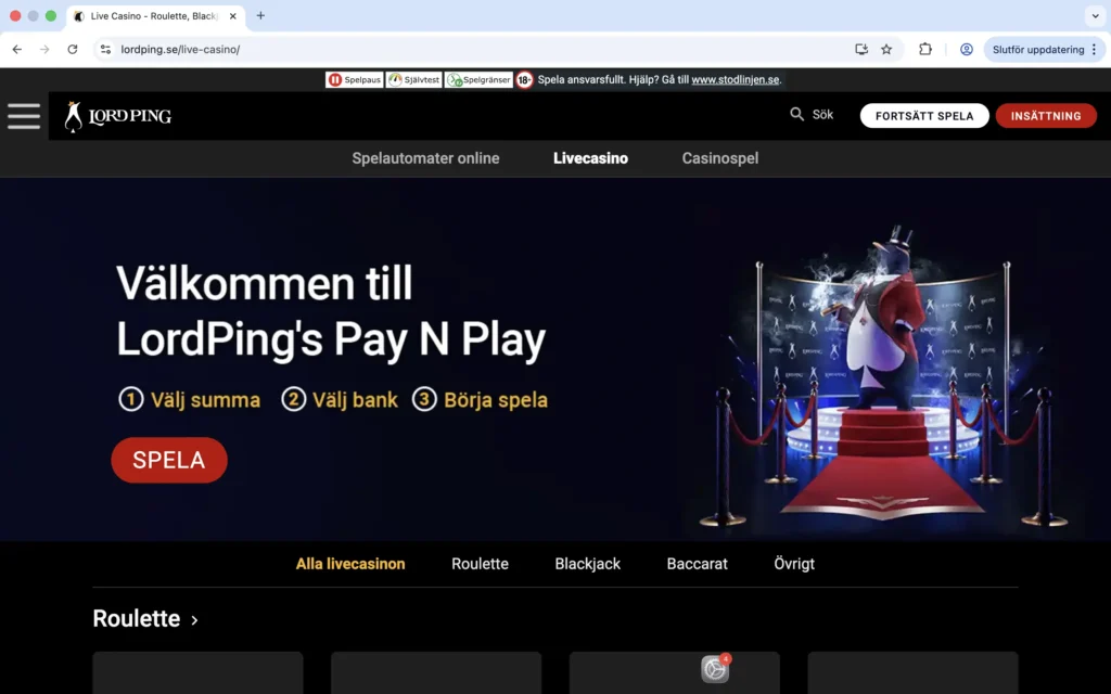 Skärmdump på Lord Ping Live Casino