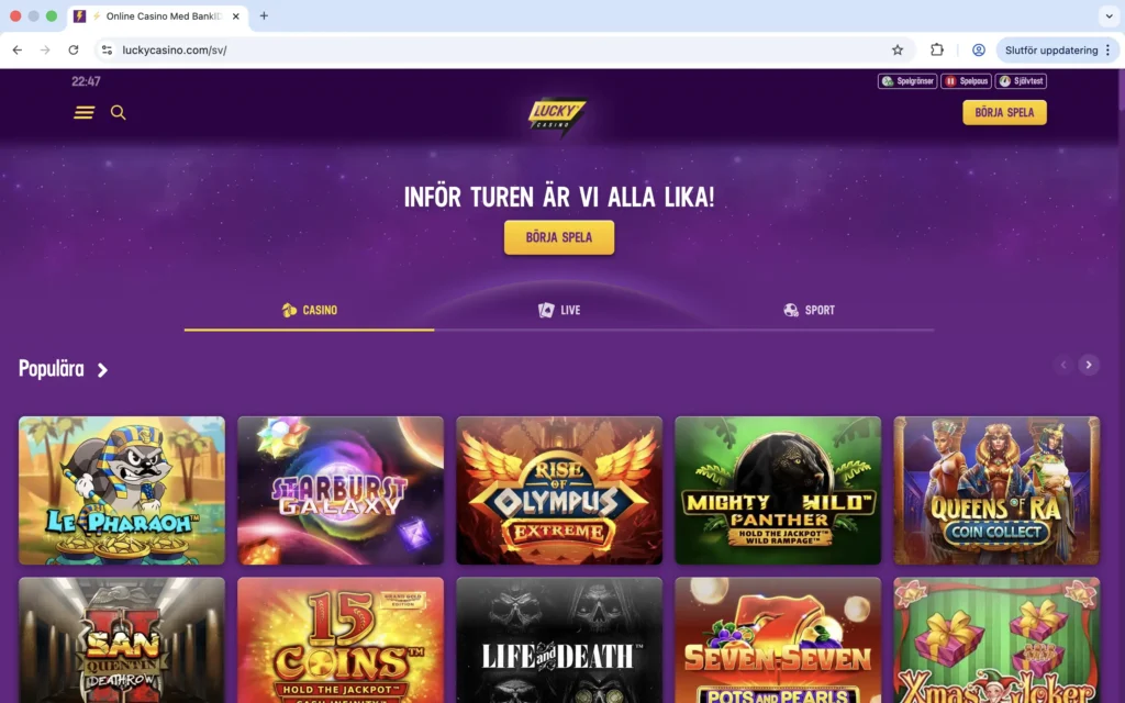 Skärmdump av Lucky Casinos förstasida