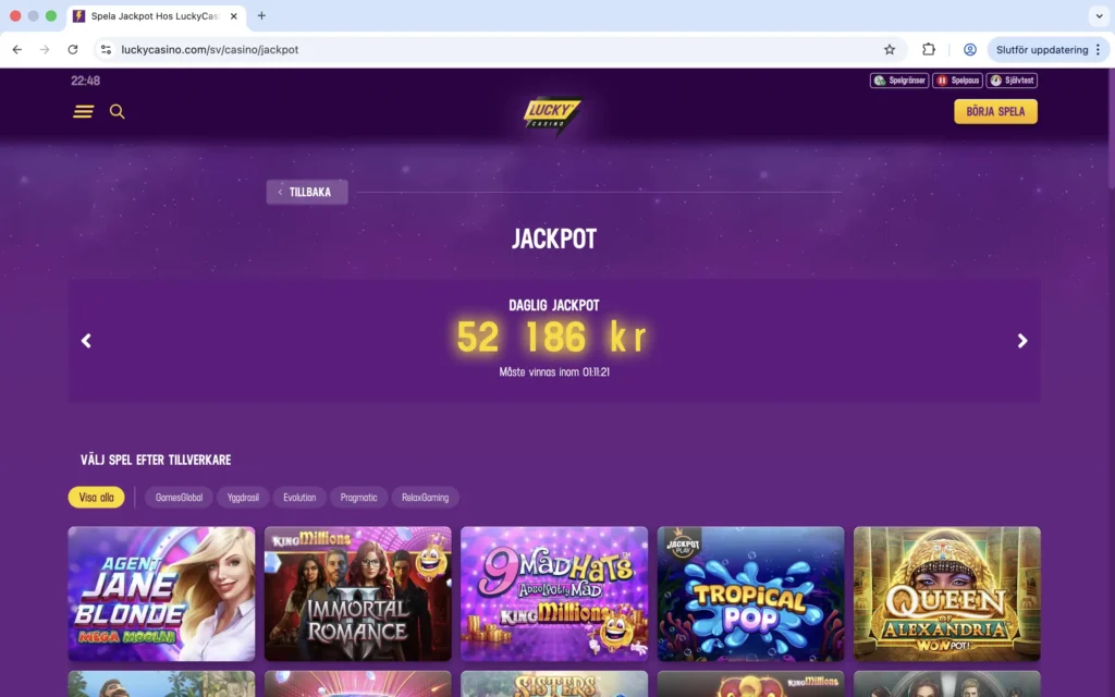 Skärmdump på Lucky Casino jackpot