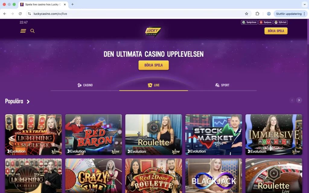 Skärmavbild på Lucky Casinos Live Casino