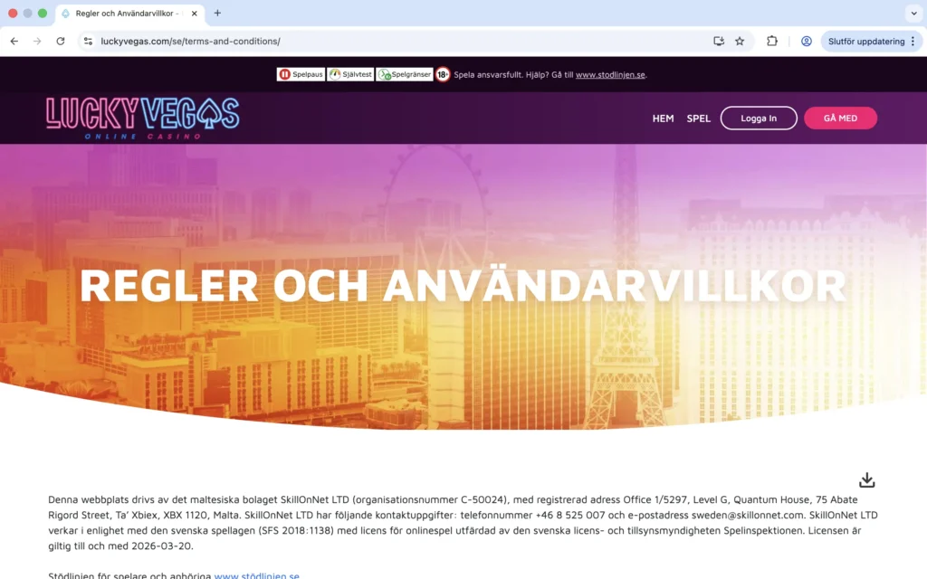 Skärmdump av Regler & Användarvillkor hos LuckyVegas