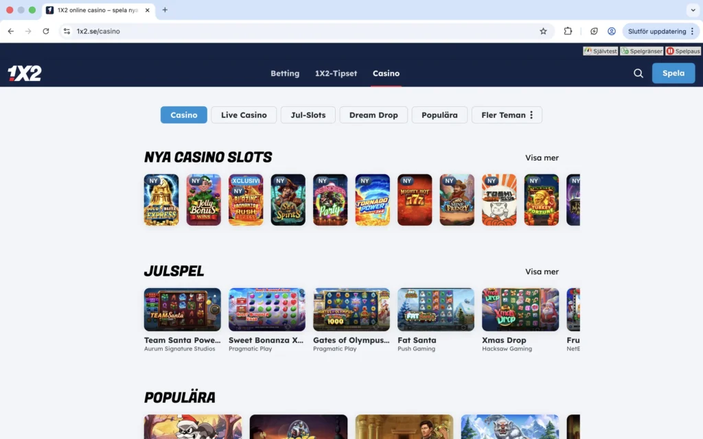 Skärmdump på casinot hos 1x2