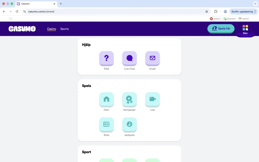 Skärmdump på "more" hos Casumo (kundtjänst mm.)