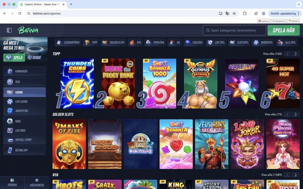 Skärmavbild på Betinias nätcasino
