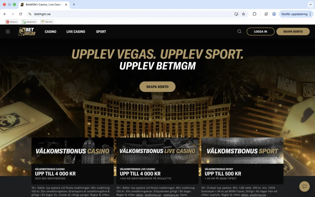 Skärmavbild på BetMGM förstasida
