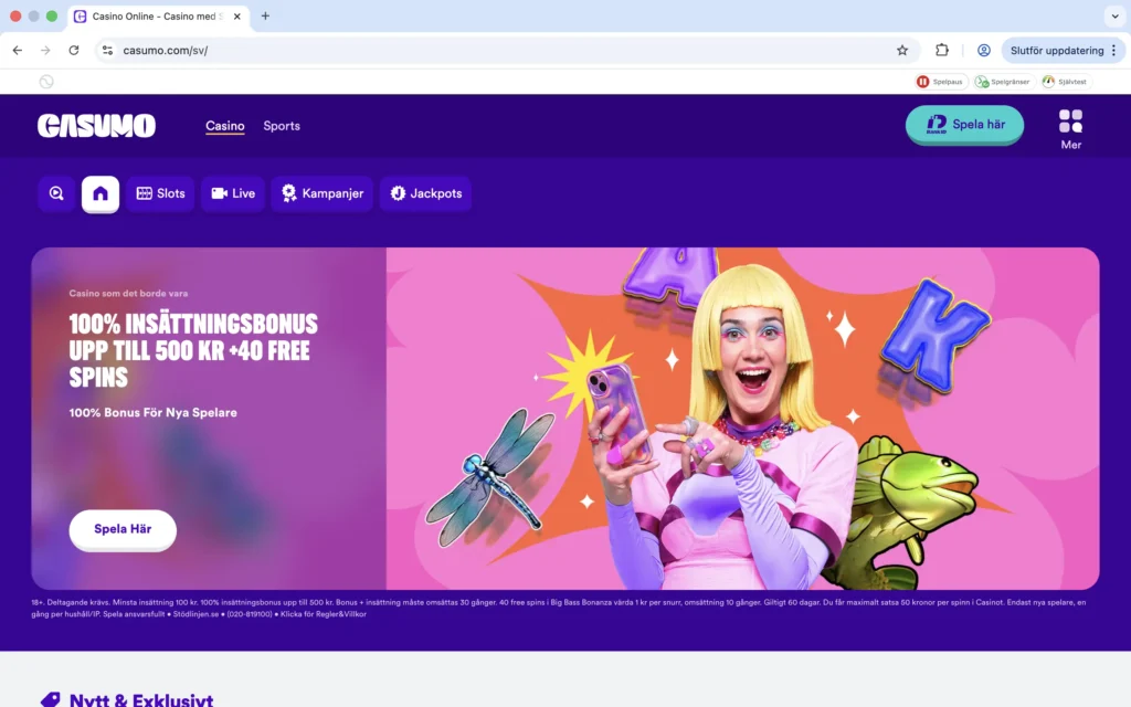 Skärmavbild på Casumos förstasida