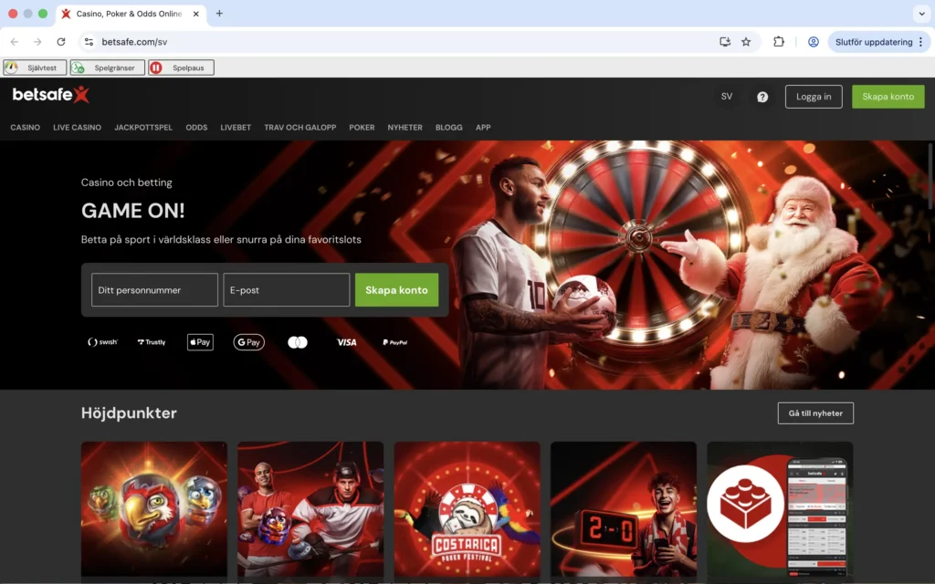 Skärmdump på BetSafe förstasida