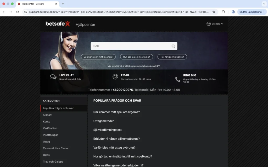 Skärmdump på BetSafe Hjälpcenter