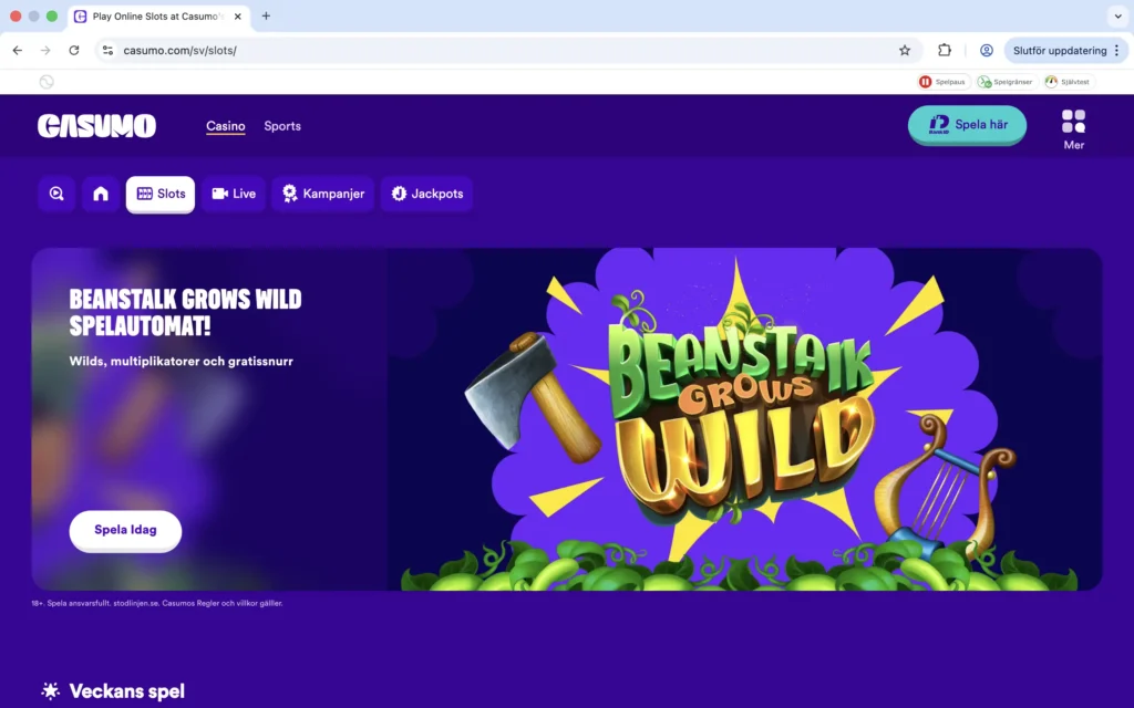 Skärmdump på slots hos Casumo