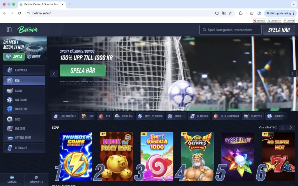 Skärmdump av Betinias förstasida