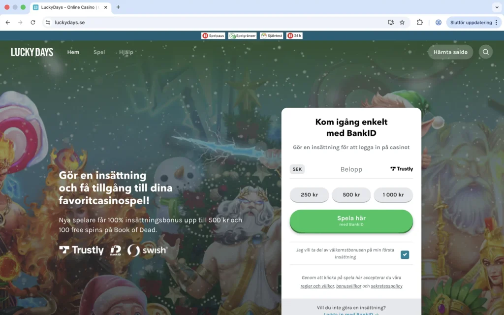 Skärmavbild från LuckyDays förstasida