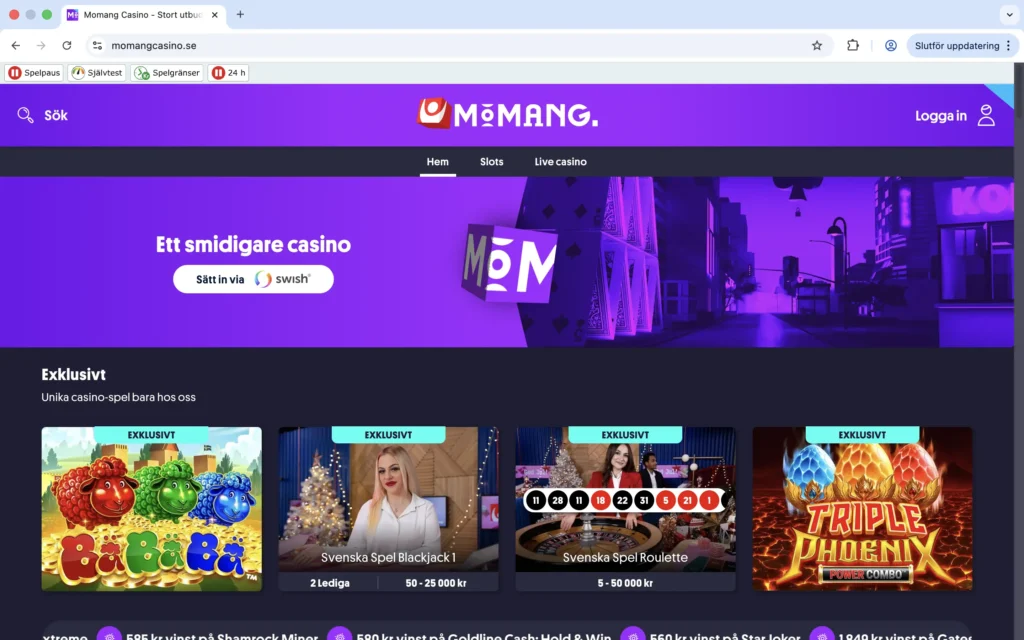 Skärmdump av Momang förstasida