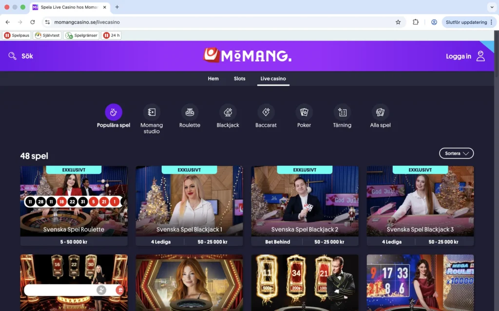 Skärmavbild från Momangs Live Casino