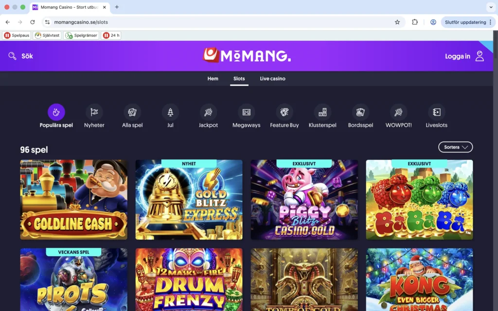 Skärmdump på Momangs utbud av slots