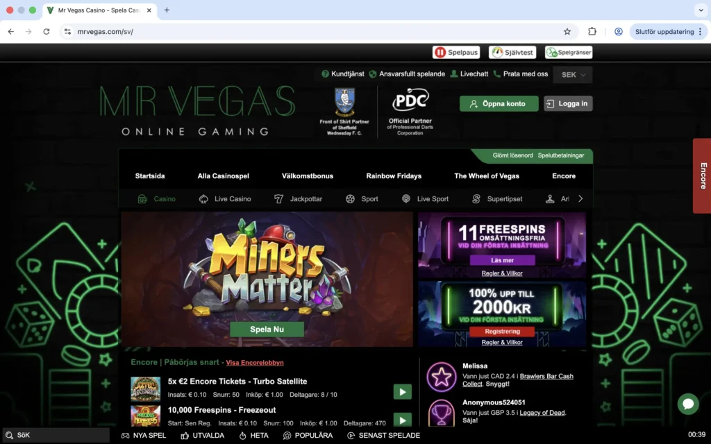 Skärmavbild på Mr Vegas förstasida