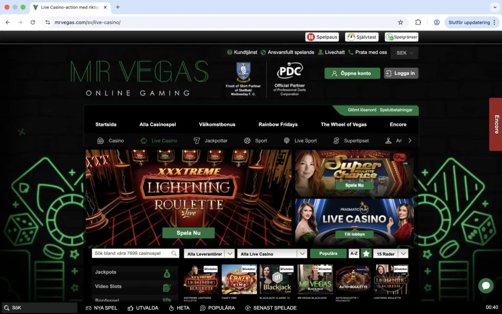 Skärmavbild av Live Casinot hos Mr Vegas