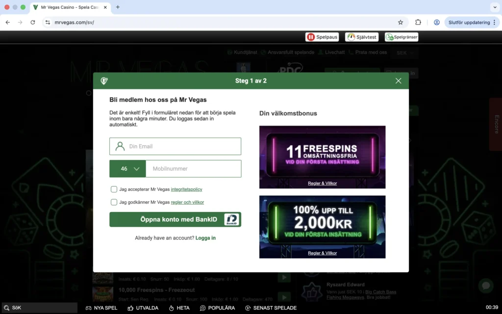 Skärmdump av "Öppna konto" hos Mr Vegas