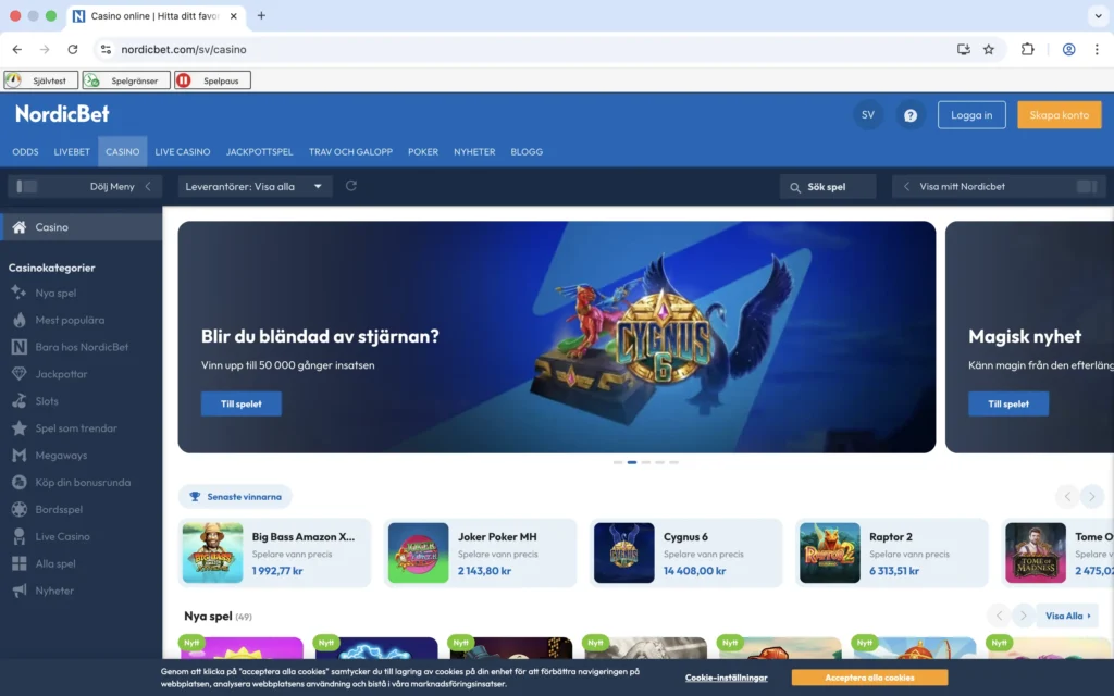 Skärmavbild från NordicBet Casino-sida