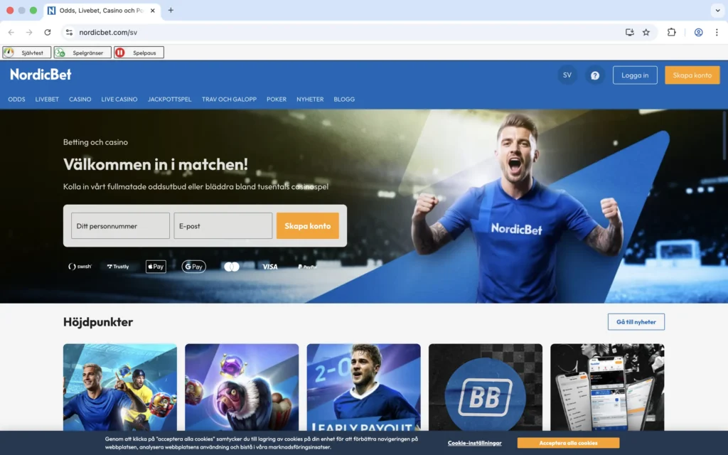Skärmdump av NordicBets förstasida