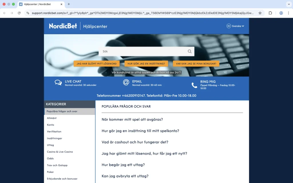 Skärmdump på NordicBet hjälpcenter