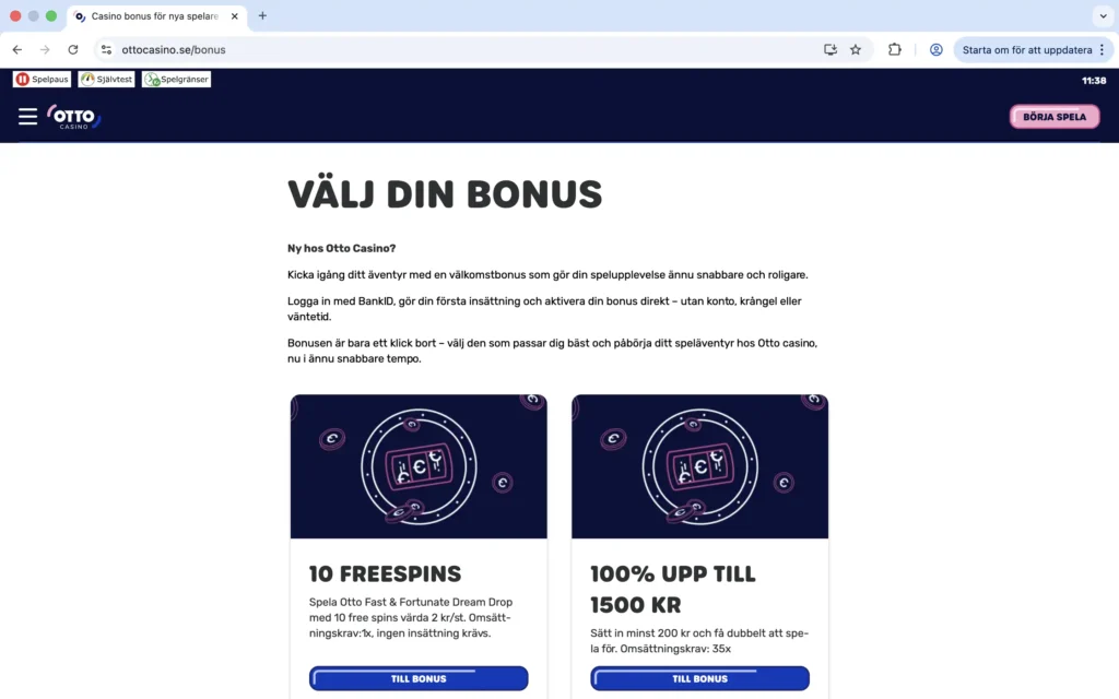 Skärmdump från Otto Casino "välj din bonus"