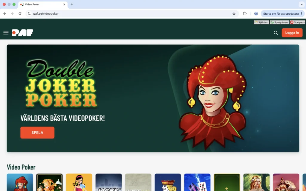 Skärmdump av Paf videopoker