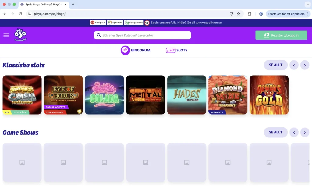 Skärmavbild av PlayOjos bingo