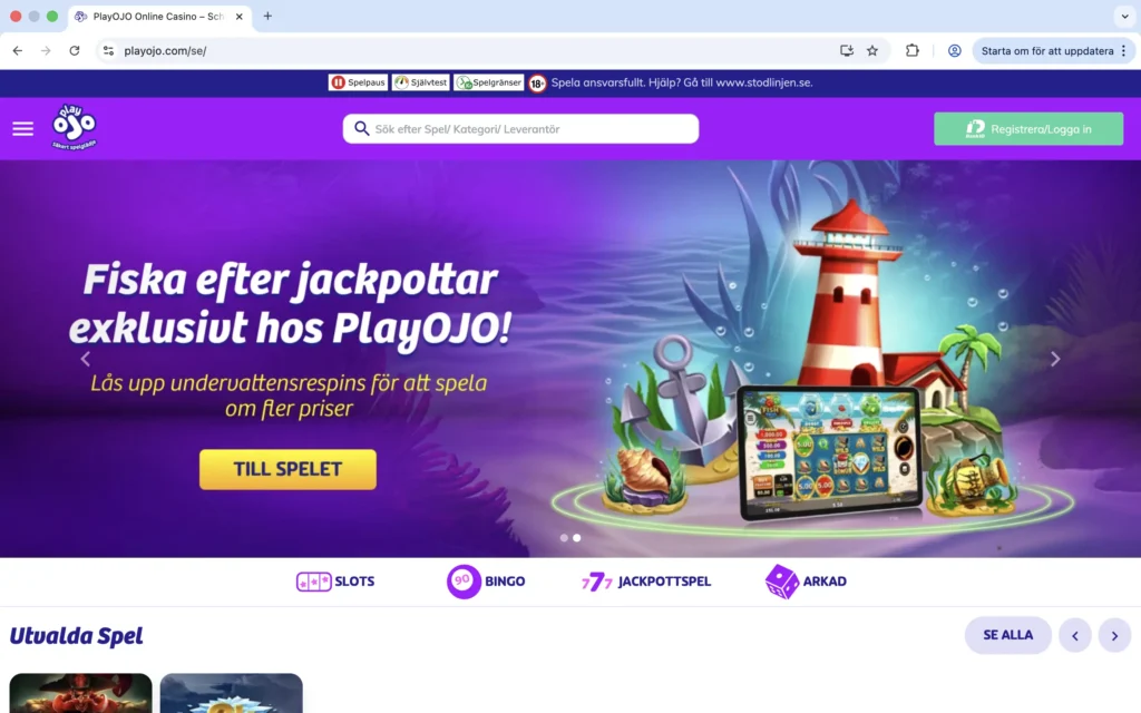 Skärmdump på PlayOjo förstasida