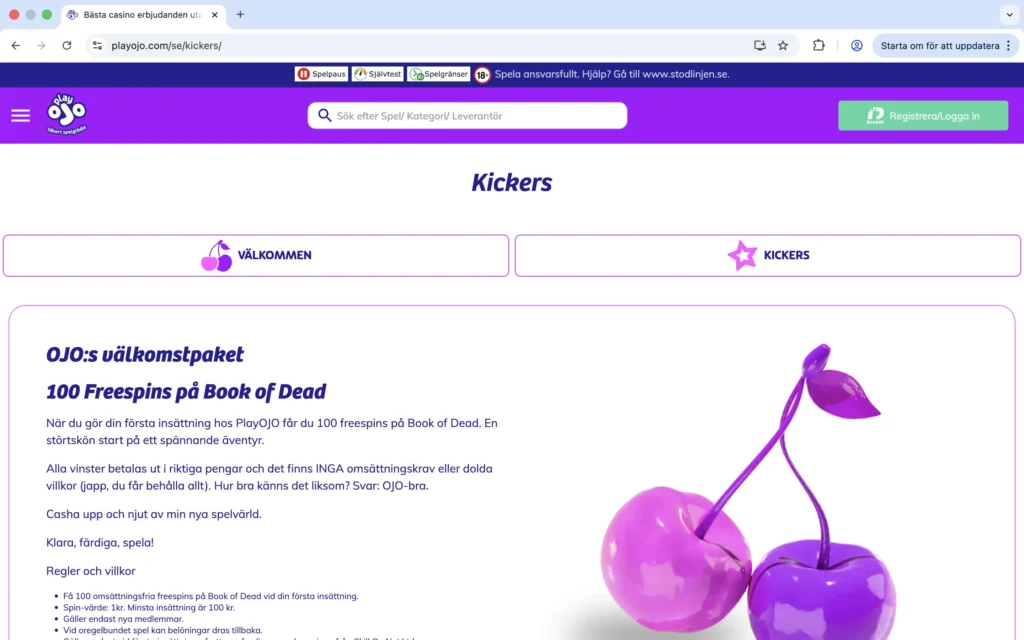 Skärmdump på PlayOjo kickers