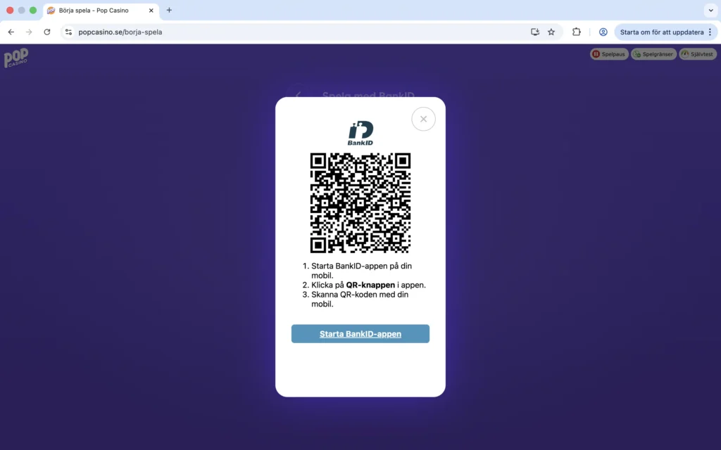 Skärmdump av "börja spela" på Pop Casino