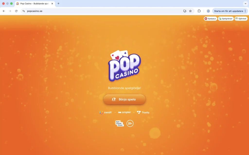 Skärmavbild av förstasidan hos Pop Casino