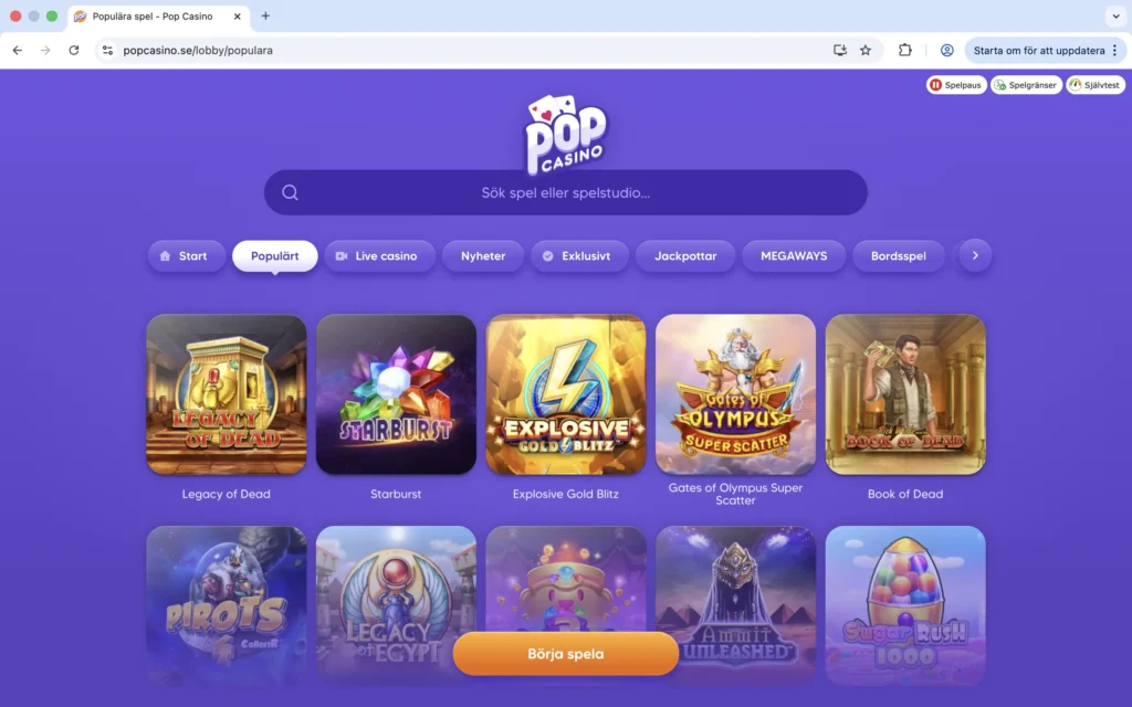 Skärmavbild från Pop Casinos "populära spel"