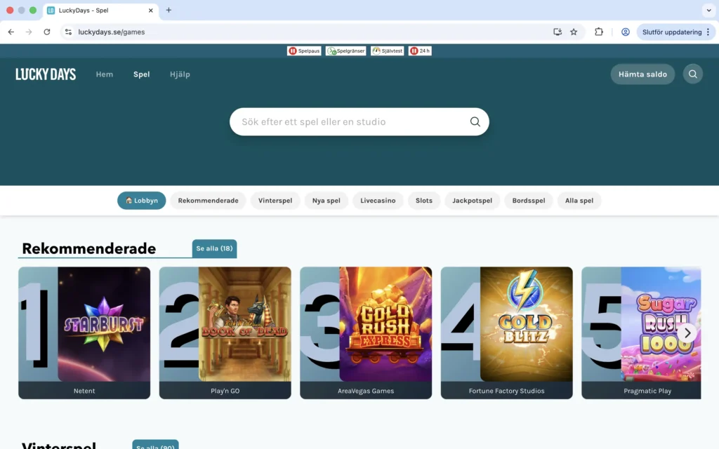 Skärmdump av LuckyDays spelutbud