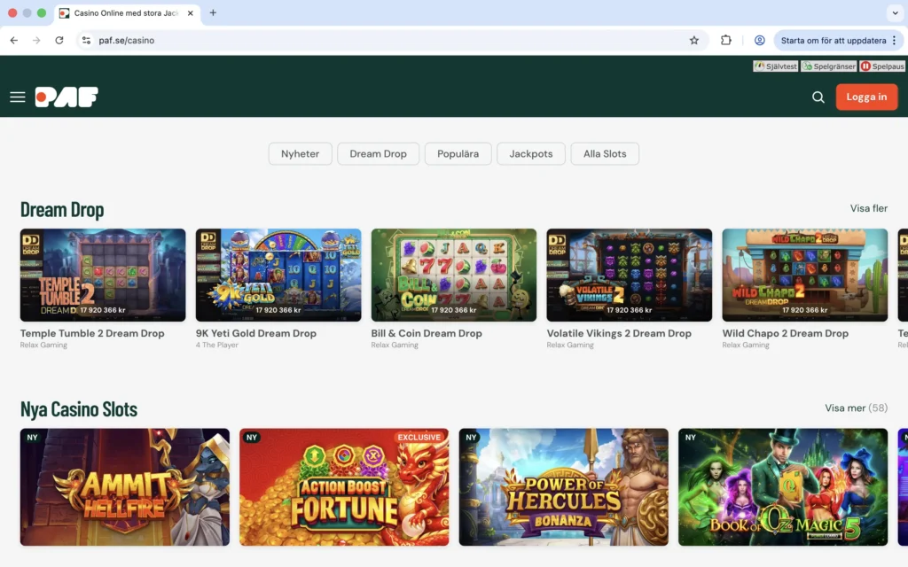 Skärmavbild från Paf casino-sida