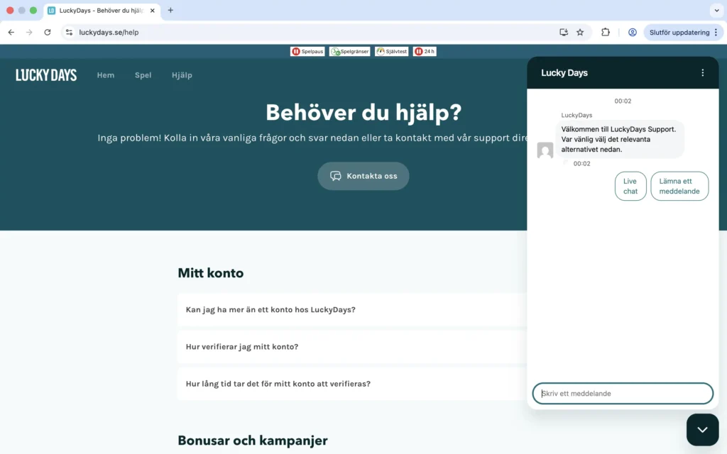 Skärmavbild på LuckyDays hjälpcenter med live chatt