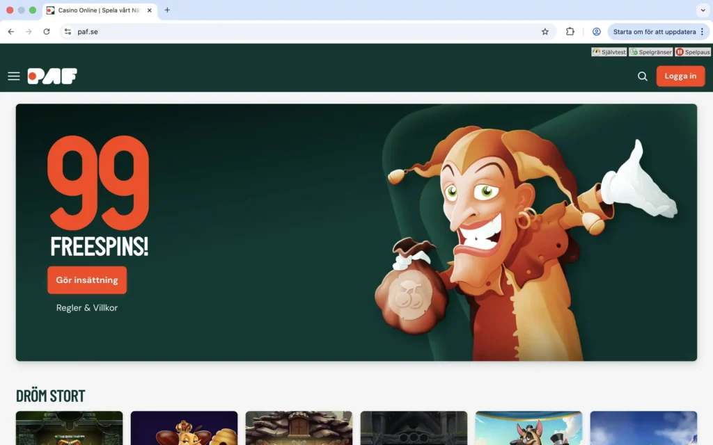 Skärmdump på Paf förstasida