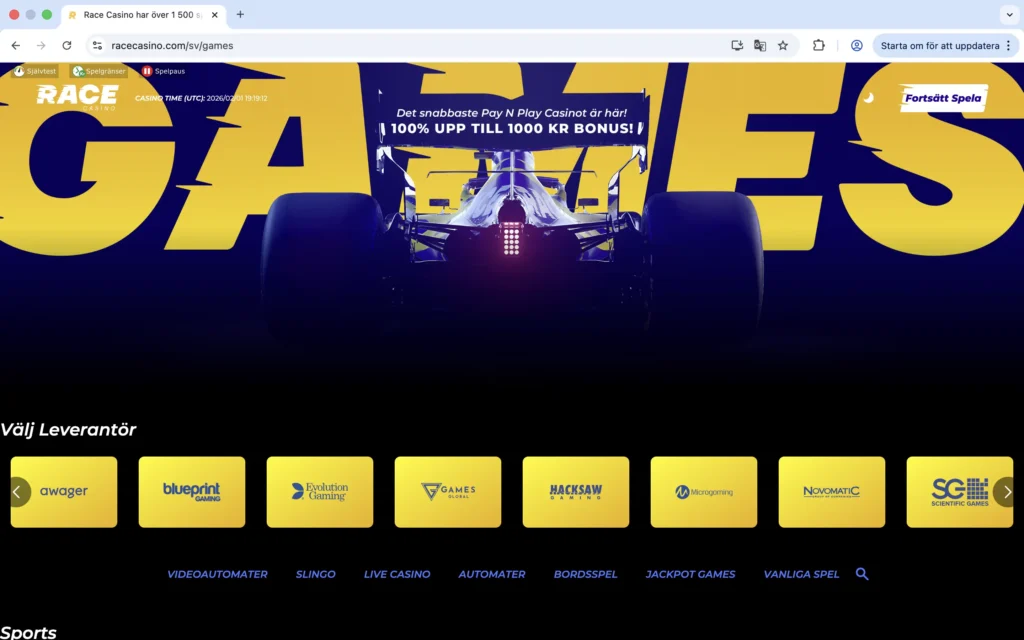 Skärmdump av Race Casino spelutbud