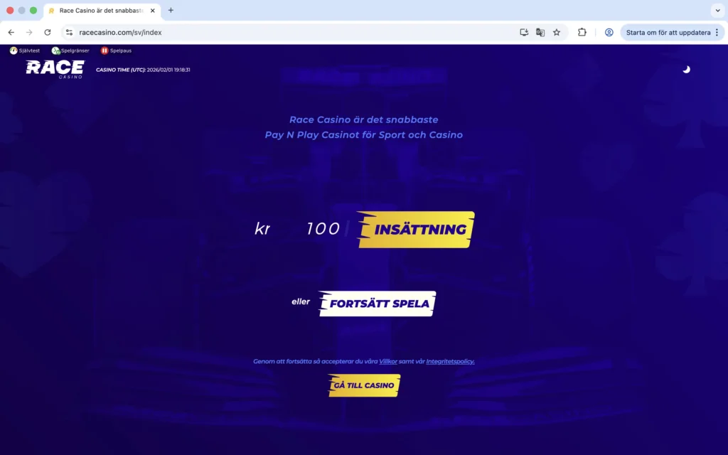 Skärmavbild på Race Casino förstasida