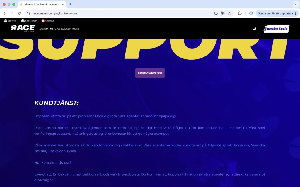Skärmavbild från Race Casino kundcenter