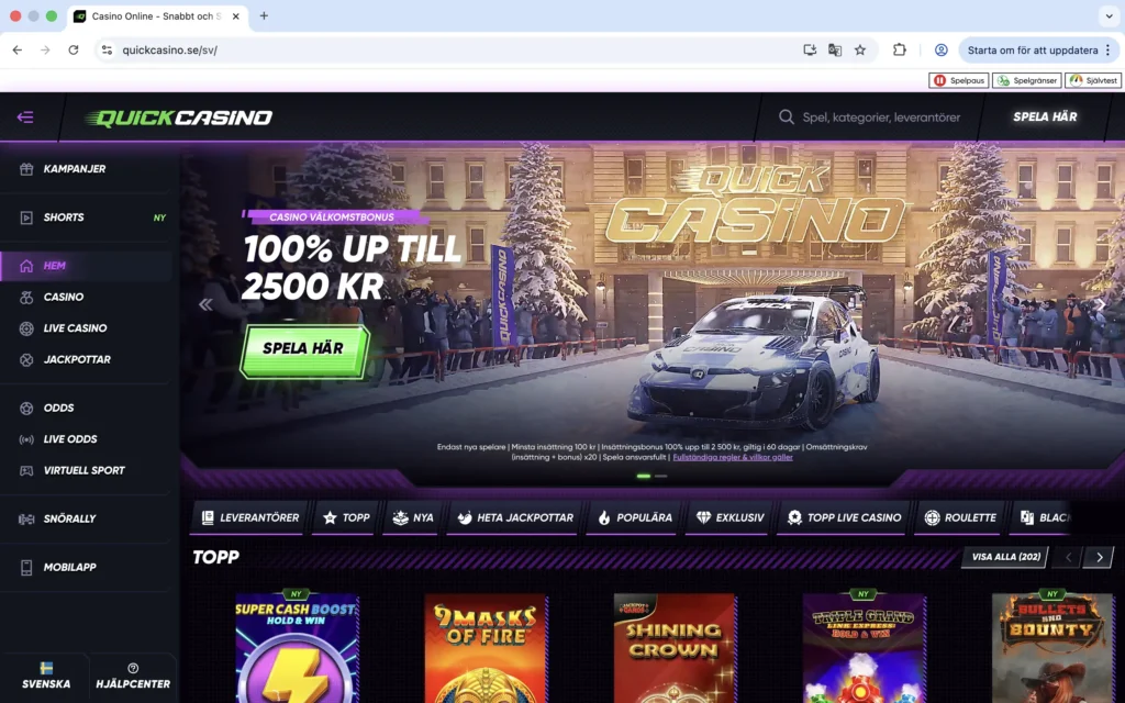 Skärmavbild av Quick Casinos förstasida