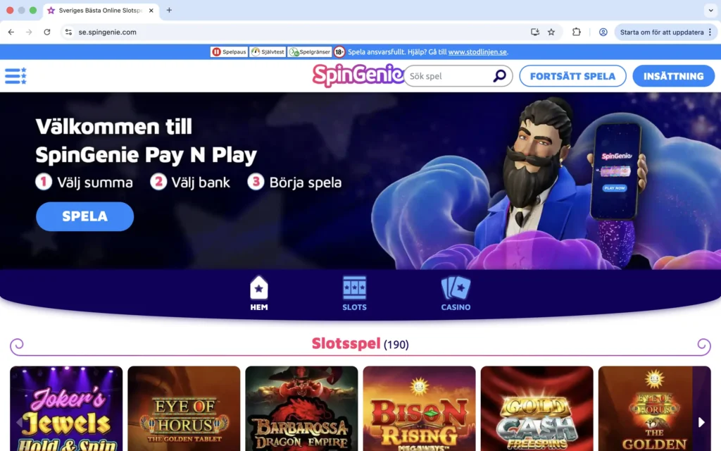 Skärmavbild på Spin Genies förstasida