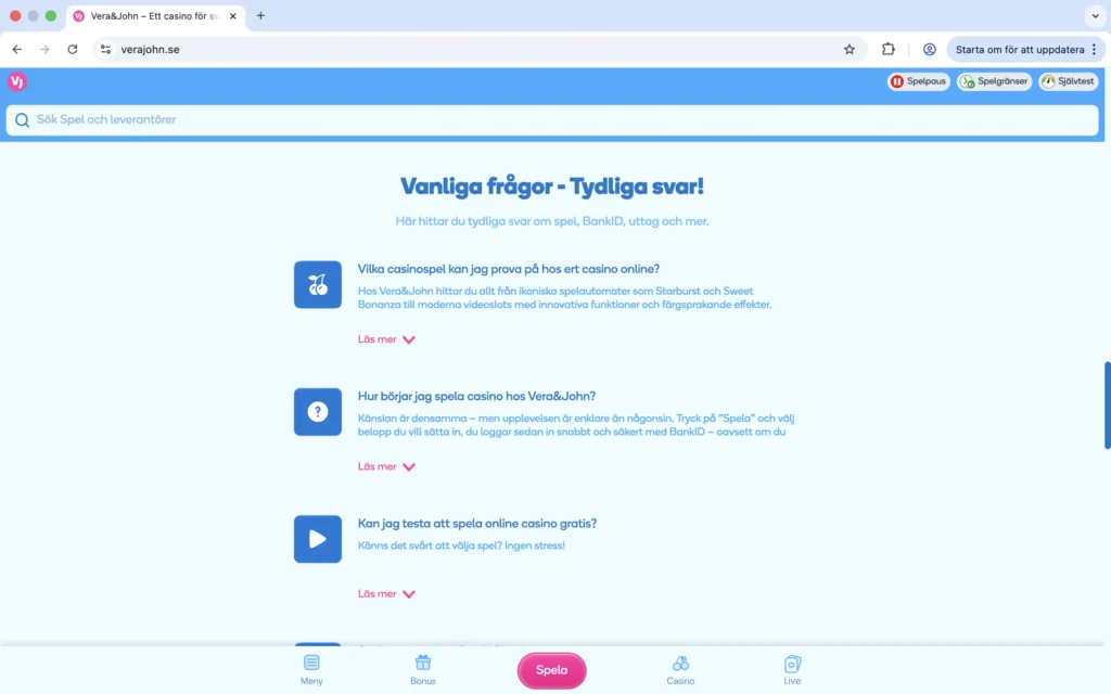 Skärmdump av Vanliga frågor på Vera & John
